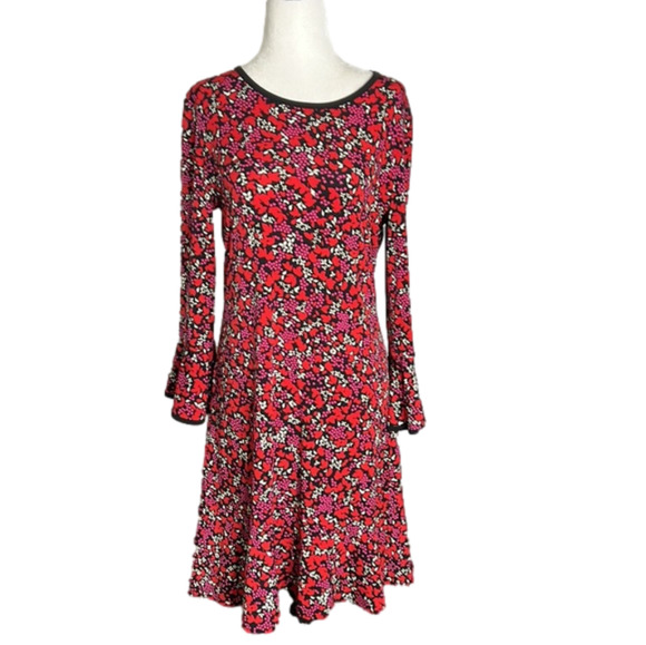 Michael Kors Woodland Red Leaf-Print Matte-Jersey Flounce Dress - Picture 1 of 10